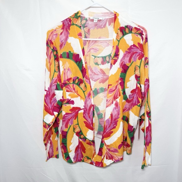 Chico's Foliage Print Open Front Sweater Mango Ice Summer Romance Topper‎ 3 / XL - Picture 1 of 6